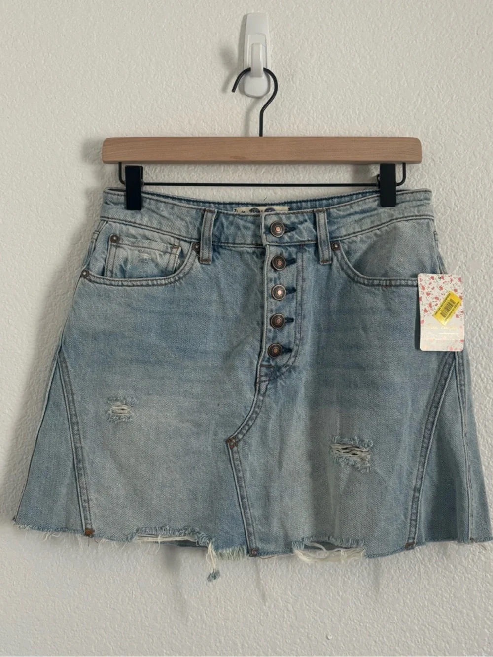 NWT We the Free People Size 28 Blue Distressed Denim A-Line Mini Skirt